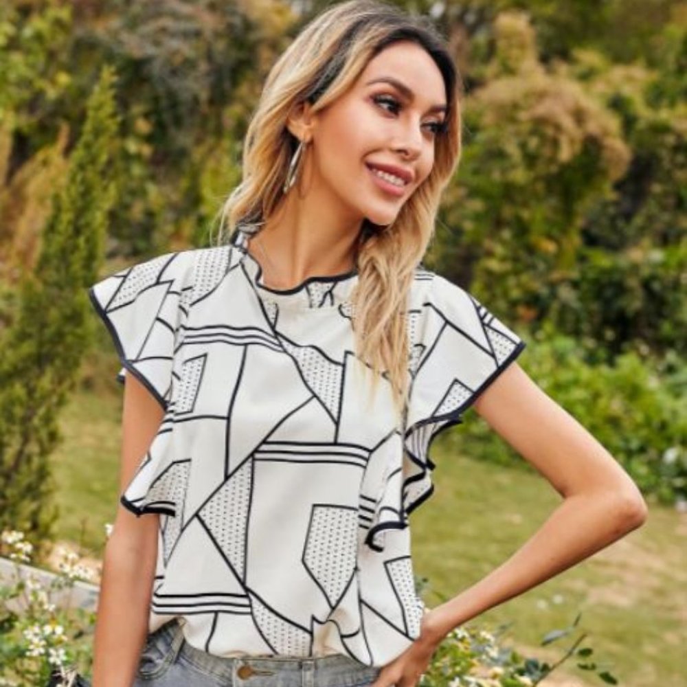 New Geometric Print Ruffle Trim Blouse - Picture 3 of 7